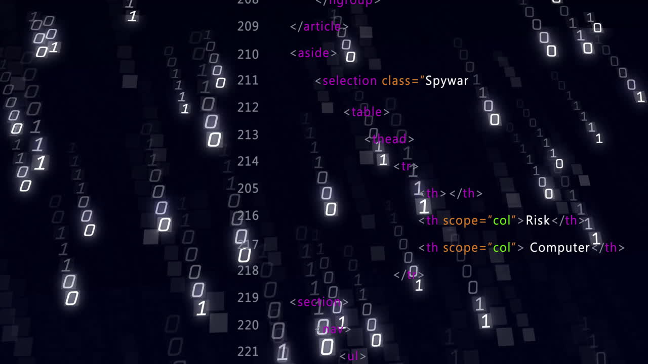 animación de codificación binaria y procesamiento de datos sobre fondo negro