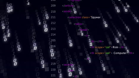 Animation of binary coding and data processing on black background