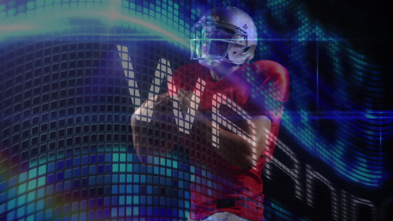 Animation von Warntext und sich bewegenden Spalten über einem kaukasischen männlichen American-Football-Spieler