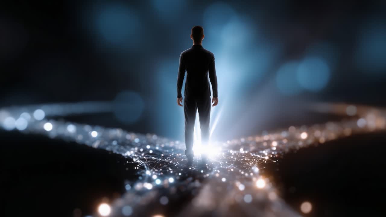 A solitary figure stands at a luminous crossroads, symbolizing a pivotal moment of choice, with glowing pathways leading into the unknown future