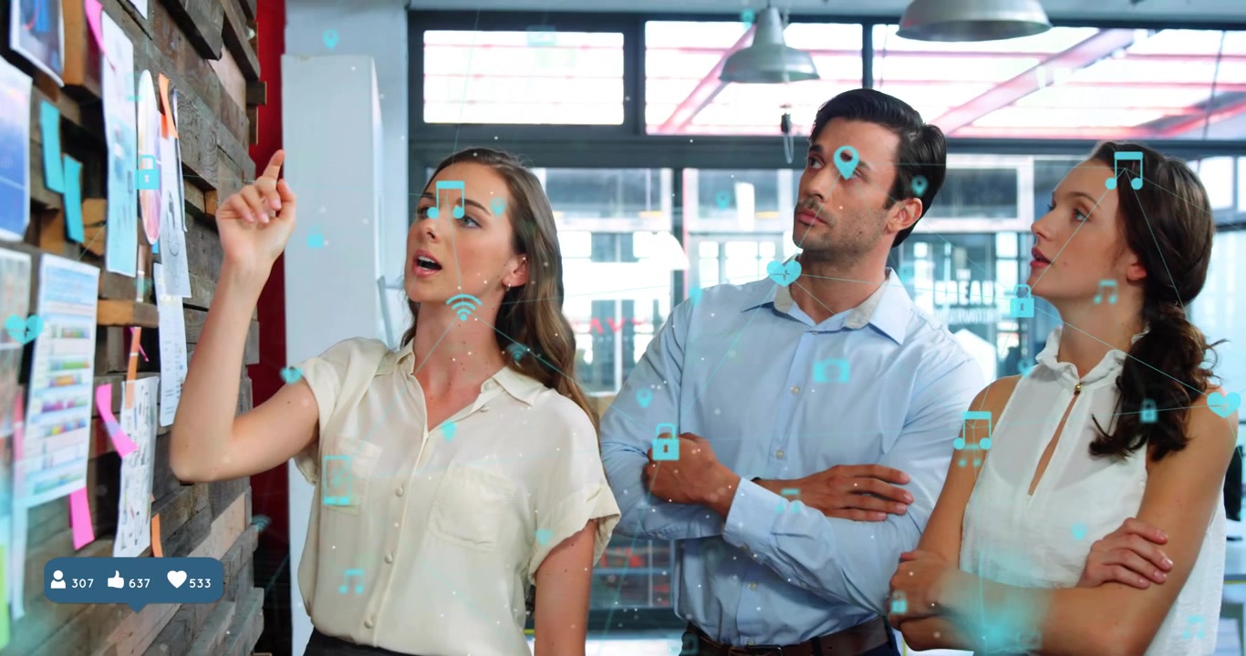 Woman tapping top note, sweeping sticky notes while AR icons highlighting business priorities