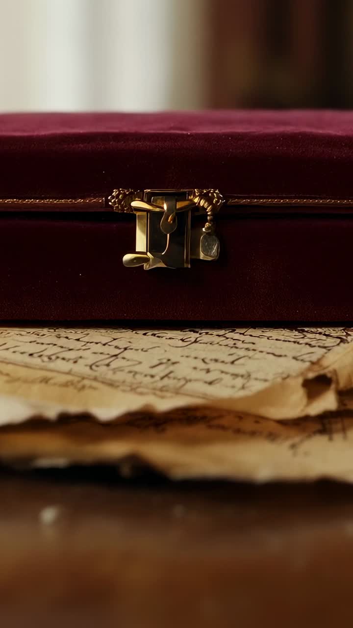 Vertical video: Zooming camera pulling focus on maroon velvet box with gold latch and notes at desk