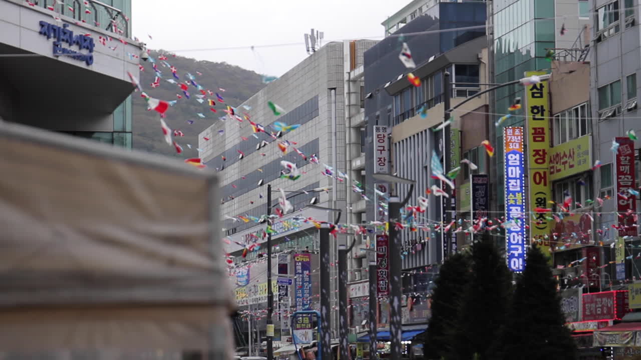 City Street Scene with Flags