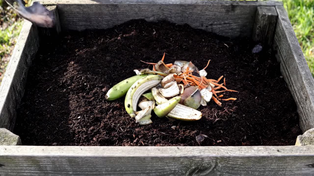 Composting food waste and garden scraps in a compost bin