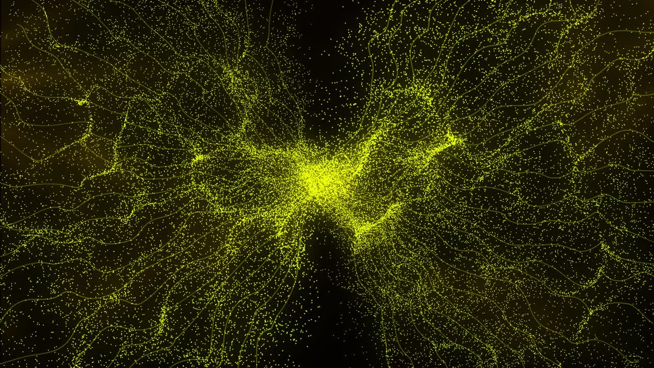 Yellow particles at black background, graphics waves moving. Looped 3d animation in slow motion