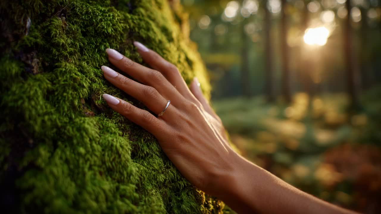 A Serene Interaction with Nature: Capturing the Essence of a Gentle Touch on Moss-Covered Bark, Illuminated by the Golden Glow of a Sunset in a Peaceful Forest Setting