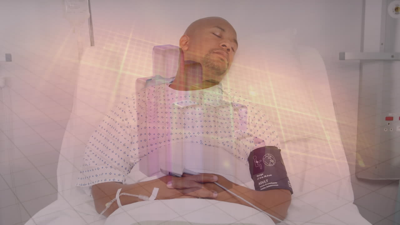 procesamiento de datos estadísticos y médicos contra un paciente afroamericano en una cama de hospital.