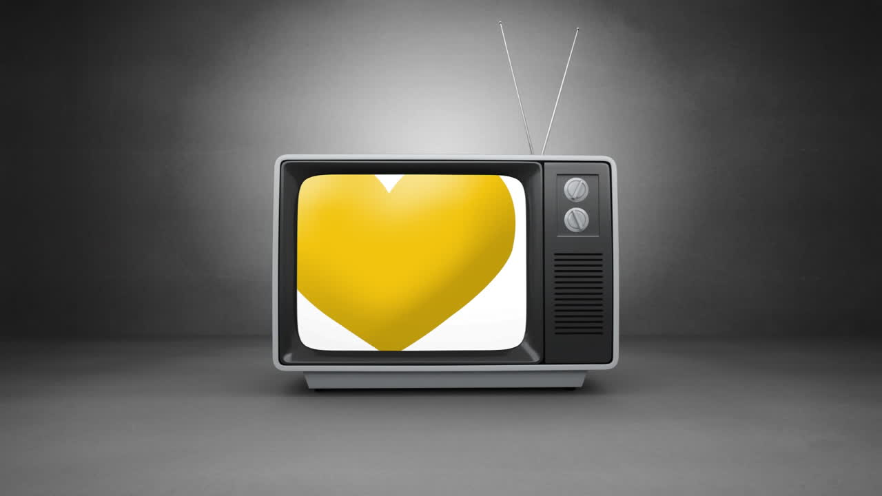 Animazione digitale di un'icona di cuore giallo su schermo televisivo su sfondo grigio.