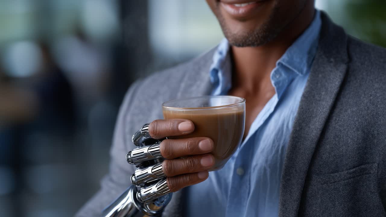 Um Close-Up de um Homem com um Braço Robótico Segurando uma Xícara de Café, Misturando Tecnologia e Vida Cotidiana em um Cenário Moderno e Sofisticado.