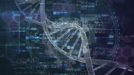 Animation of DNA over a macro COVID-19 cell floating and scientific formulas