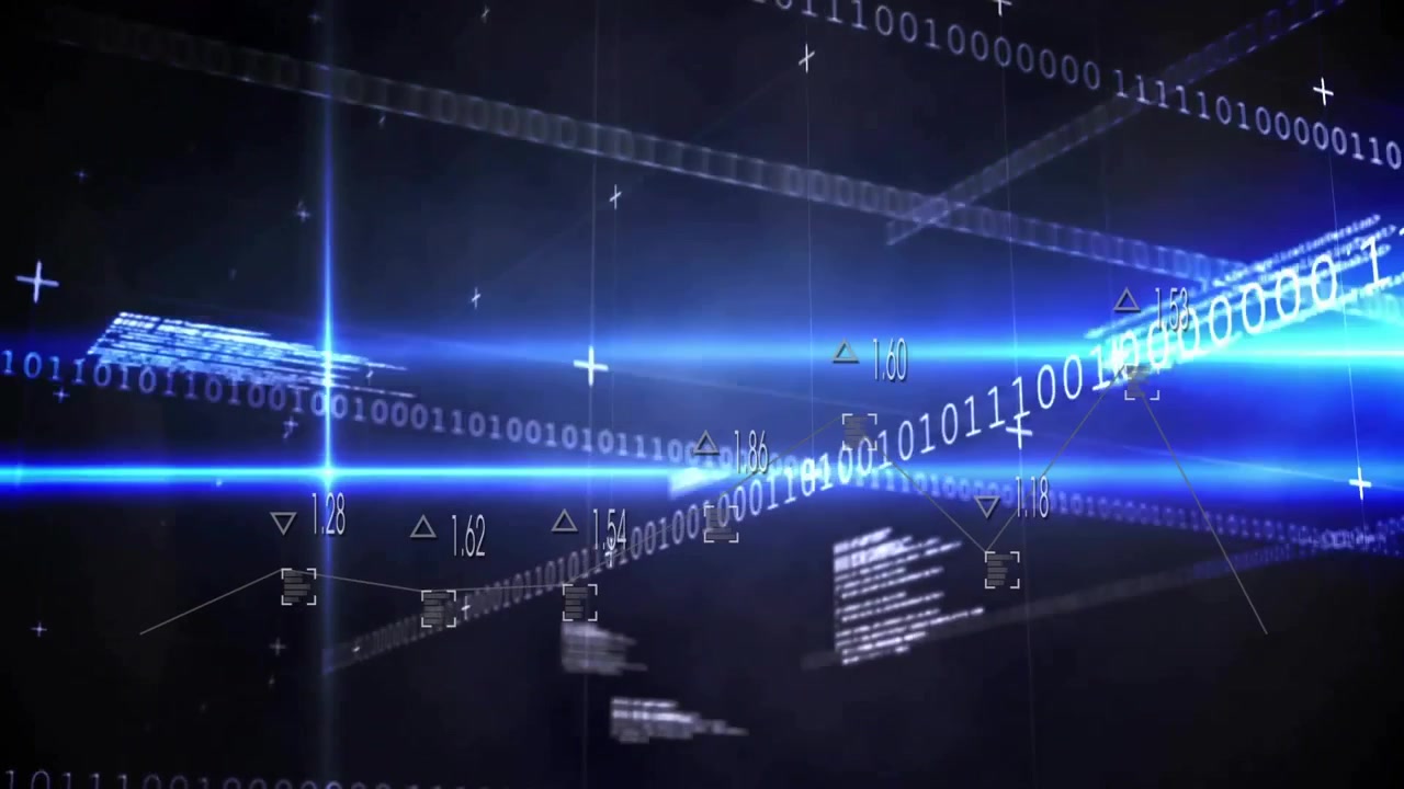 On opening grid binary streams drifting, blue beam sweeping, panels fading visualizing data network