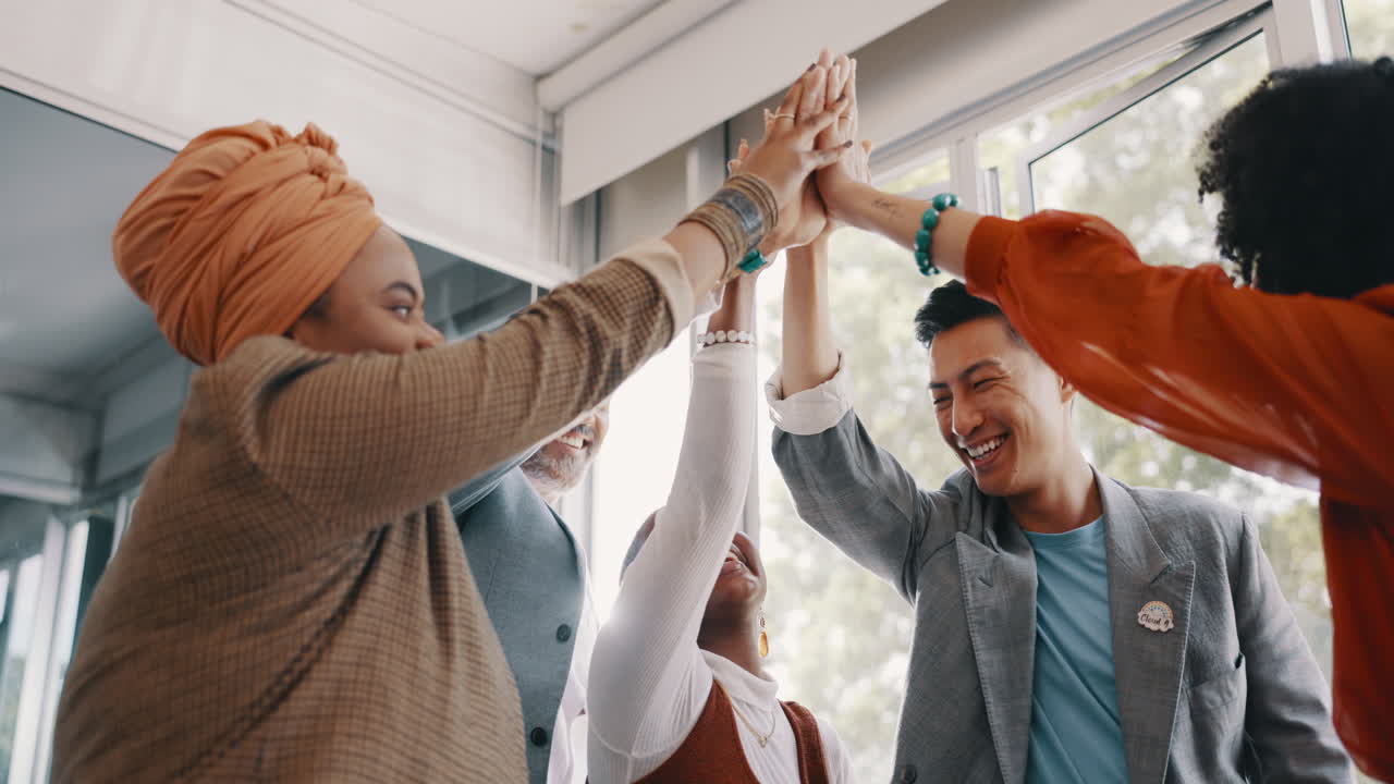 Success, team work or people high five in office
