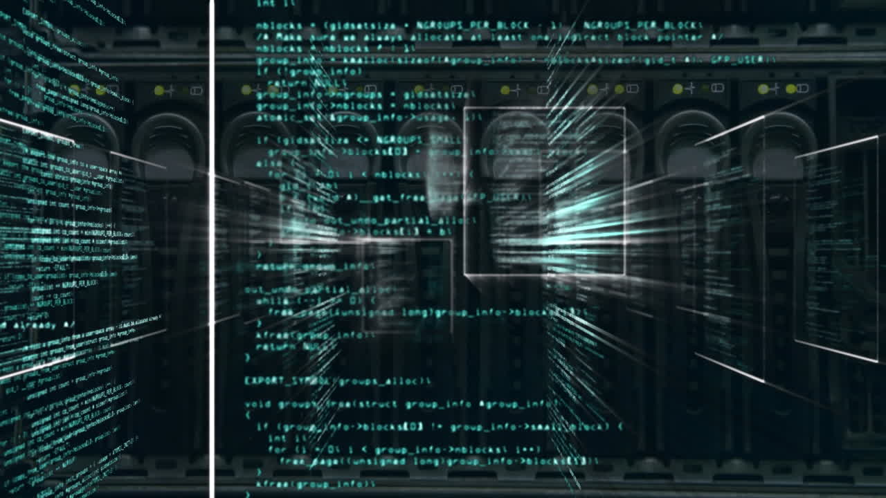 Animation of interface with data processing against close up of a computer server