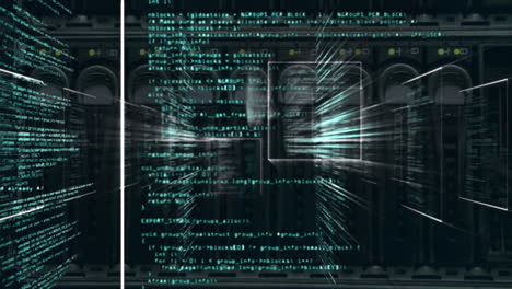 animación de la interfaz con el procesamiento de datos frente al primer plano de un servidor de computadora.