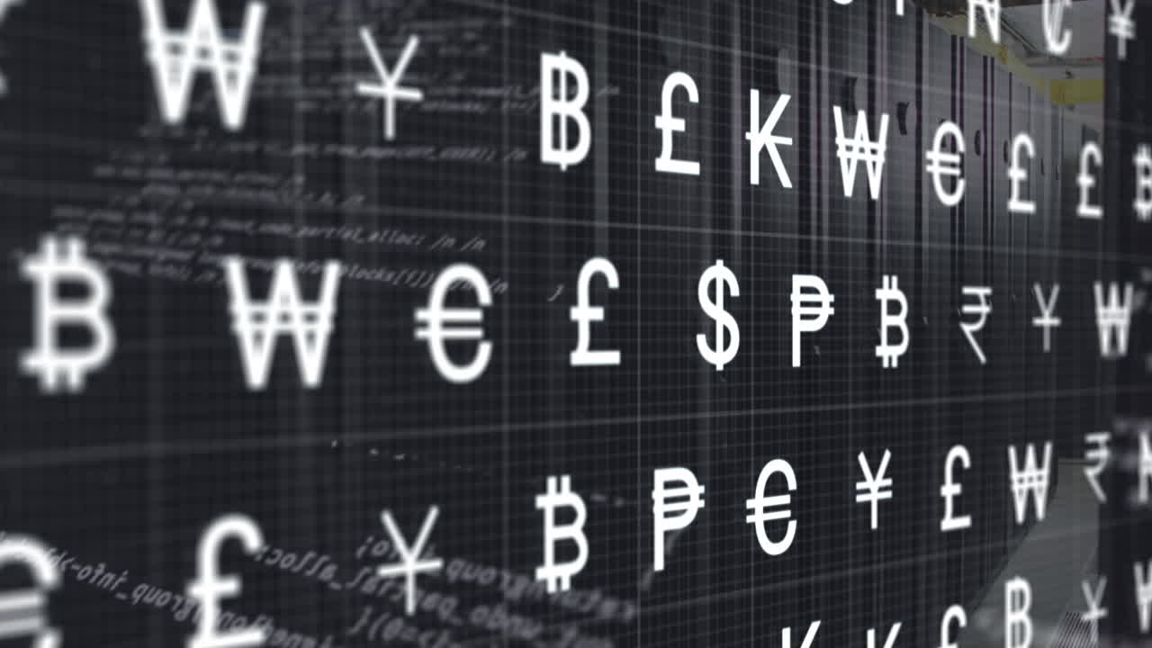 A server room with rows of currency symbols moving across the screen