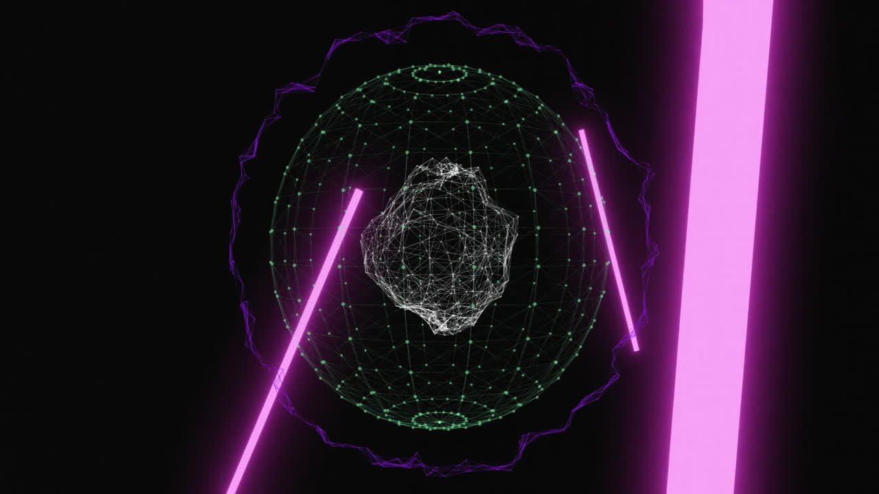 Animation of neon pink and green lines forming geometric wireframe sphere