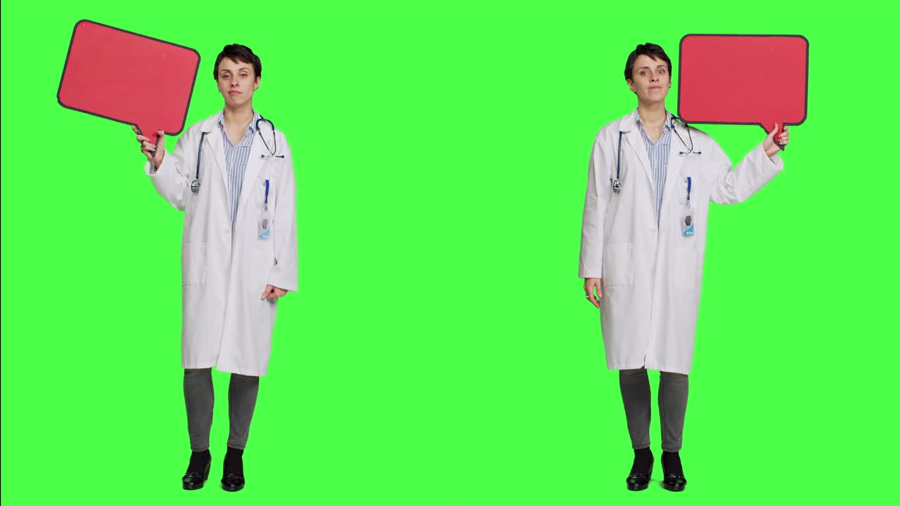 빨간색 빈 음성 거품 표지판을 들고 있는 여성 의사