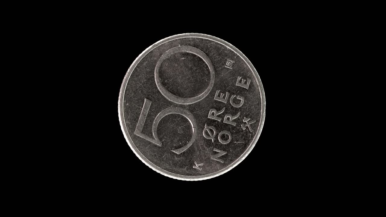 Norway 1987 fifty øre coin reverse with denomination rotating on black background