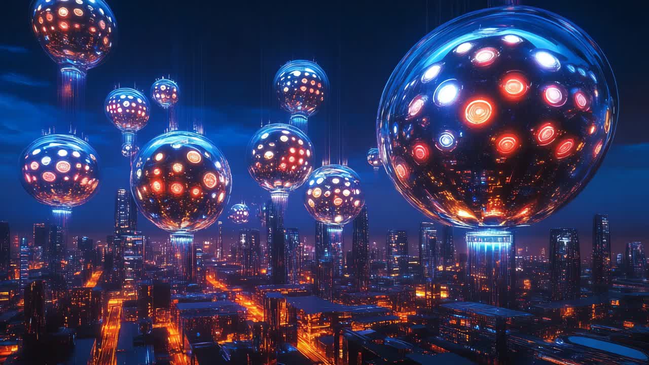 Futuristic City at Night with Floating Spheres