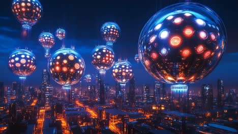futuristic city at night with floating spheres