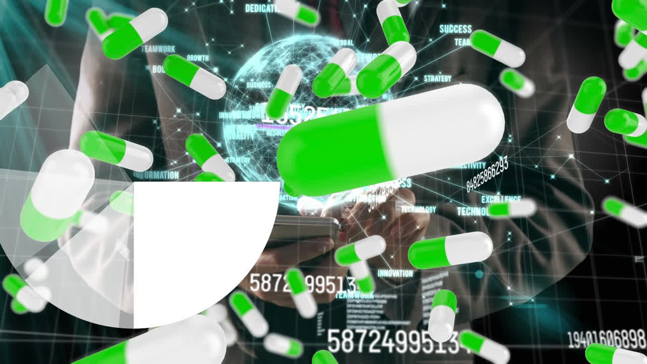 알약의 애니메이션, 변화하는 숫자 및 스마트폰을 사용하여 사람 위의 지구