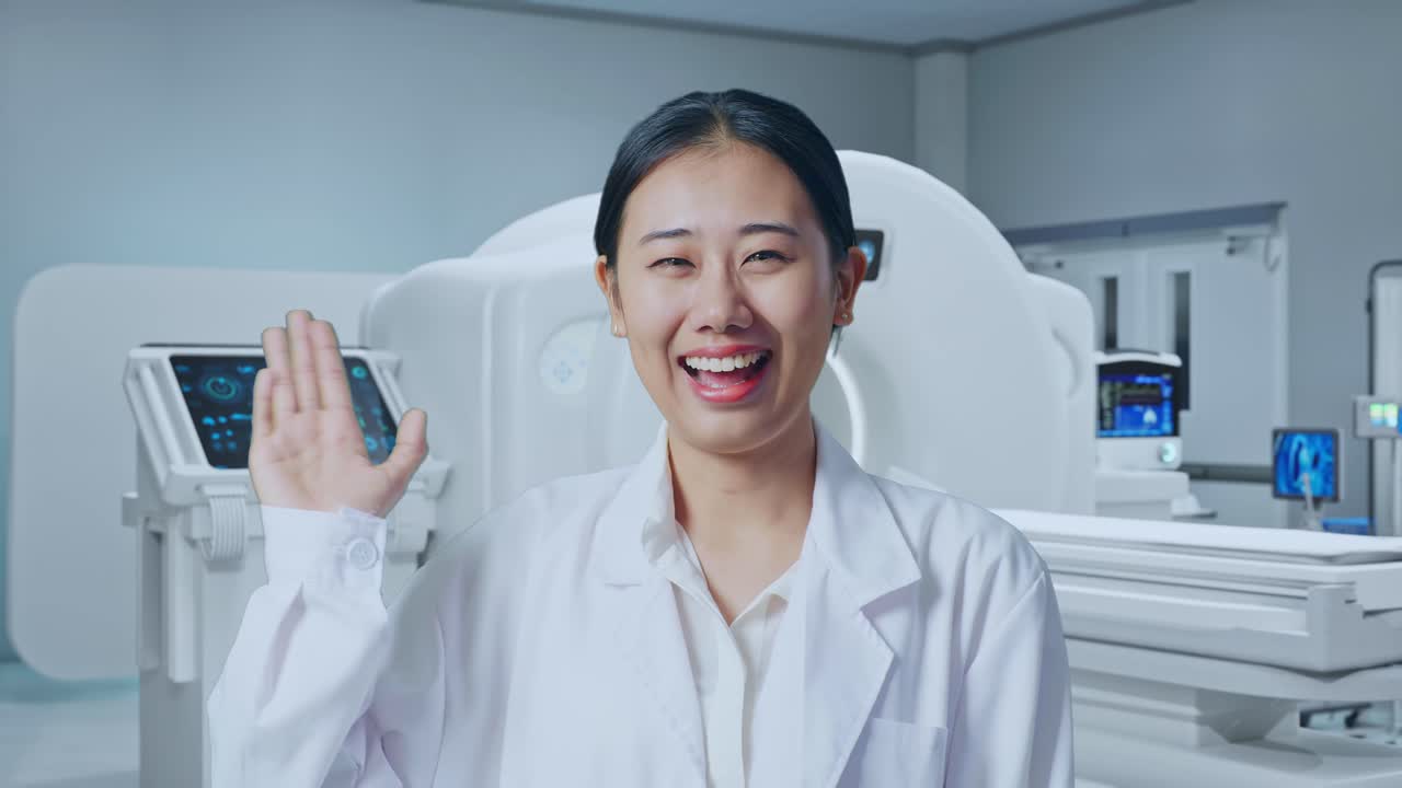 Close Up Of Asian Woman Doctor Waving Hand And Smiling To Camera With Mri Machine In The Hospital