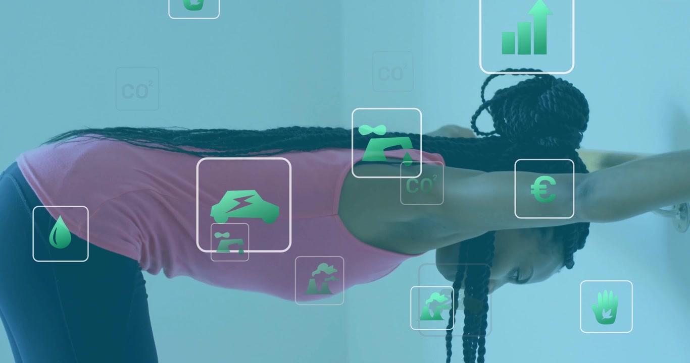 Woman Stretching at Ballet Barre with Digital Sustainability Icons
