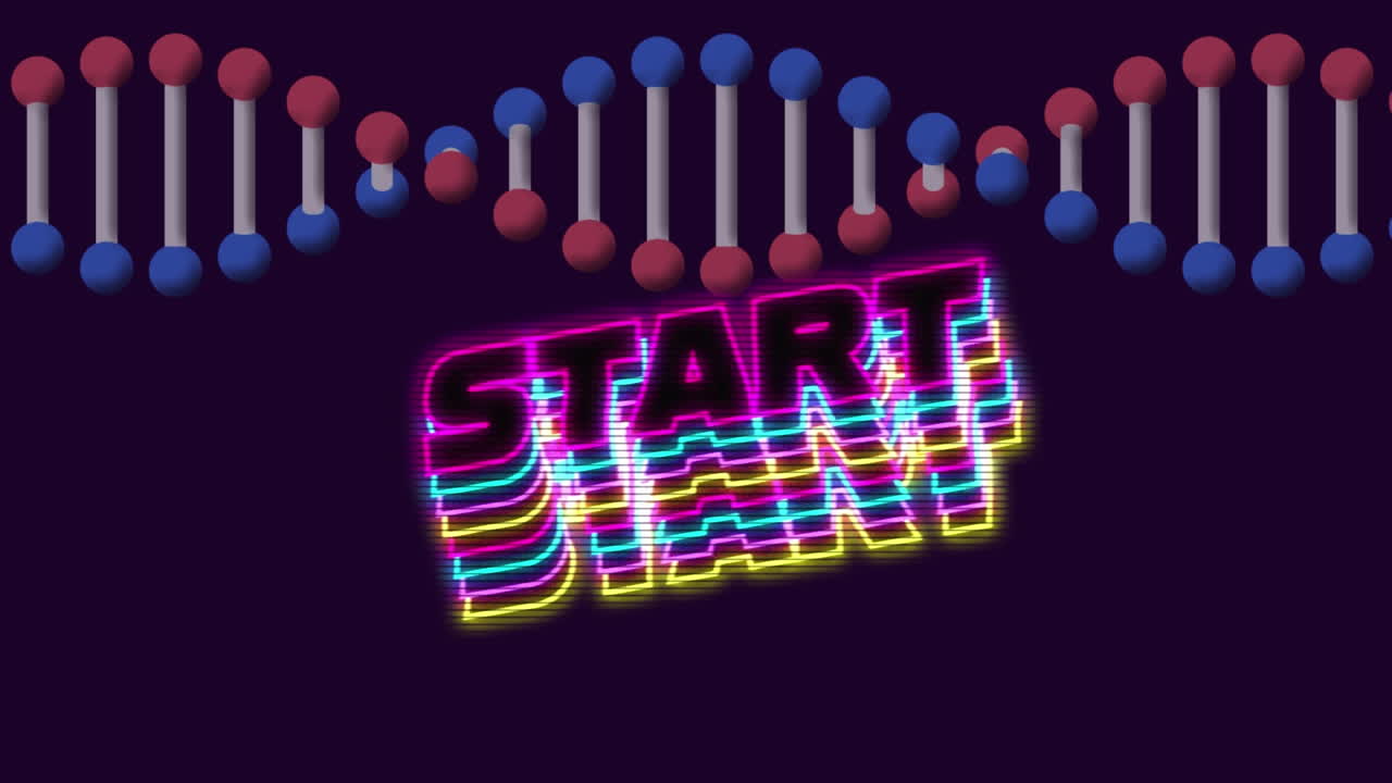 animación del texto de inicio sobre una cadena de adn giratoria sobre un fondo oscuro