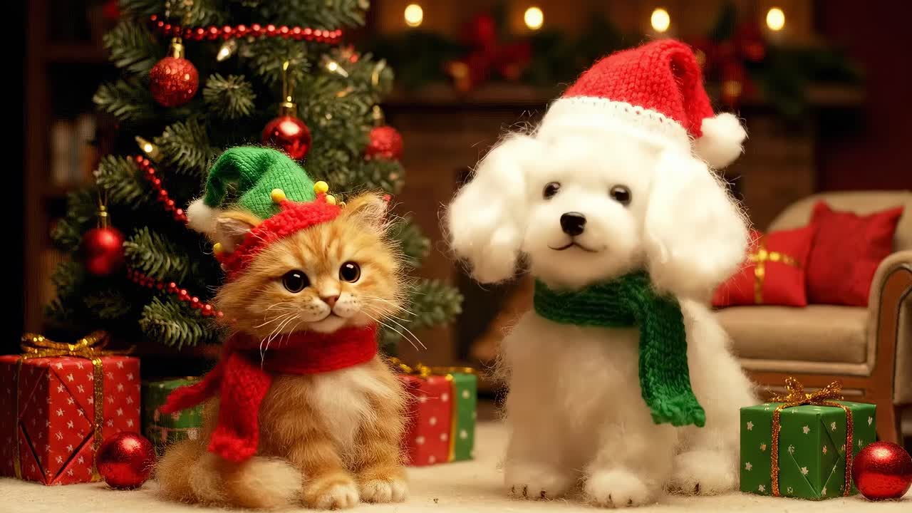 Festive video scene with a low-angle view of a kitten and puppy in holiday attire