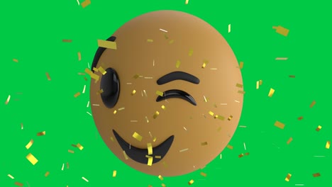 Animation-Von-Konfetti,-Die-über-Ein-Lächelndes-Emoji-Emoticon-Symbol-Auf-Grünem-Hintergrund-Fällt