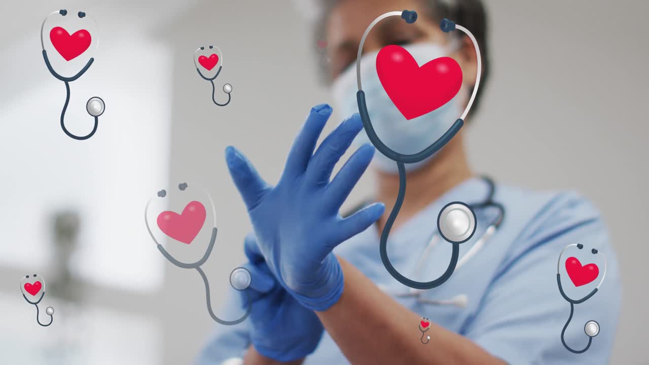 animación de iconos de estetoscopio sobre una doctora afroamericana con guantes