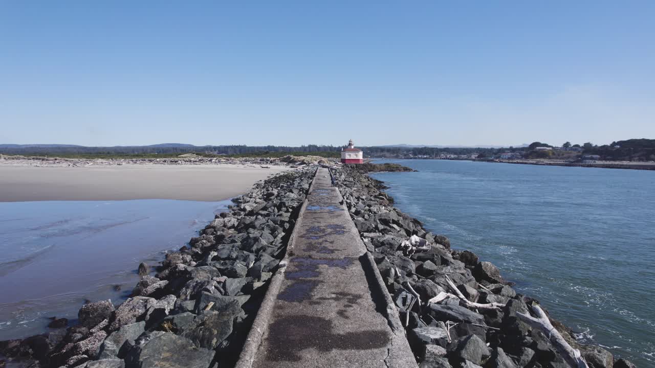 Aerial reverse dolly along Coquille river mouth following jetty and breakwater