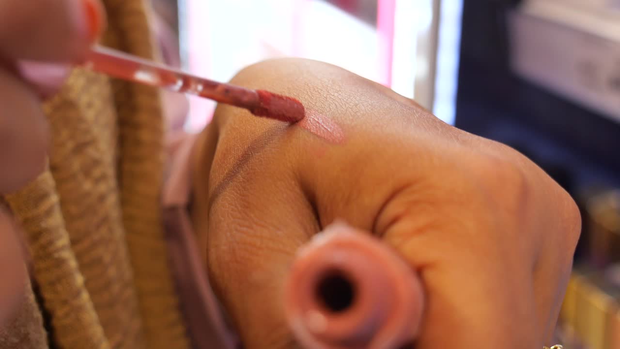 mujer aplicando lápiz labial rosa a su mano