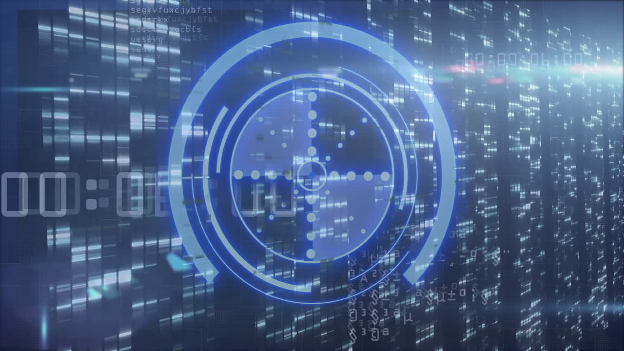 Cityscape at night with animation of digital interface and binary code