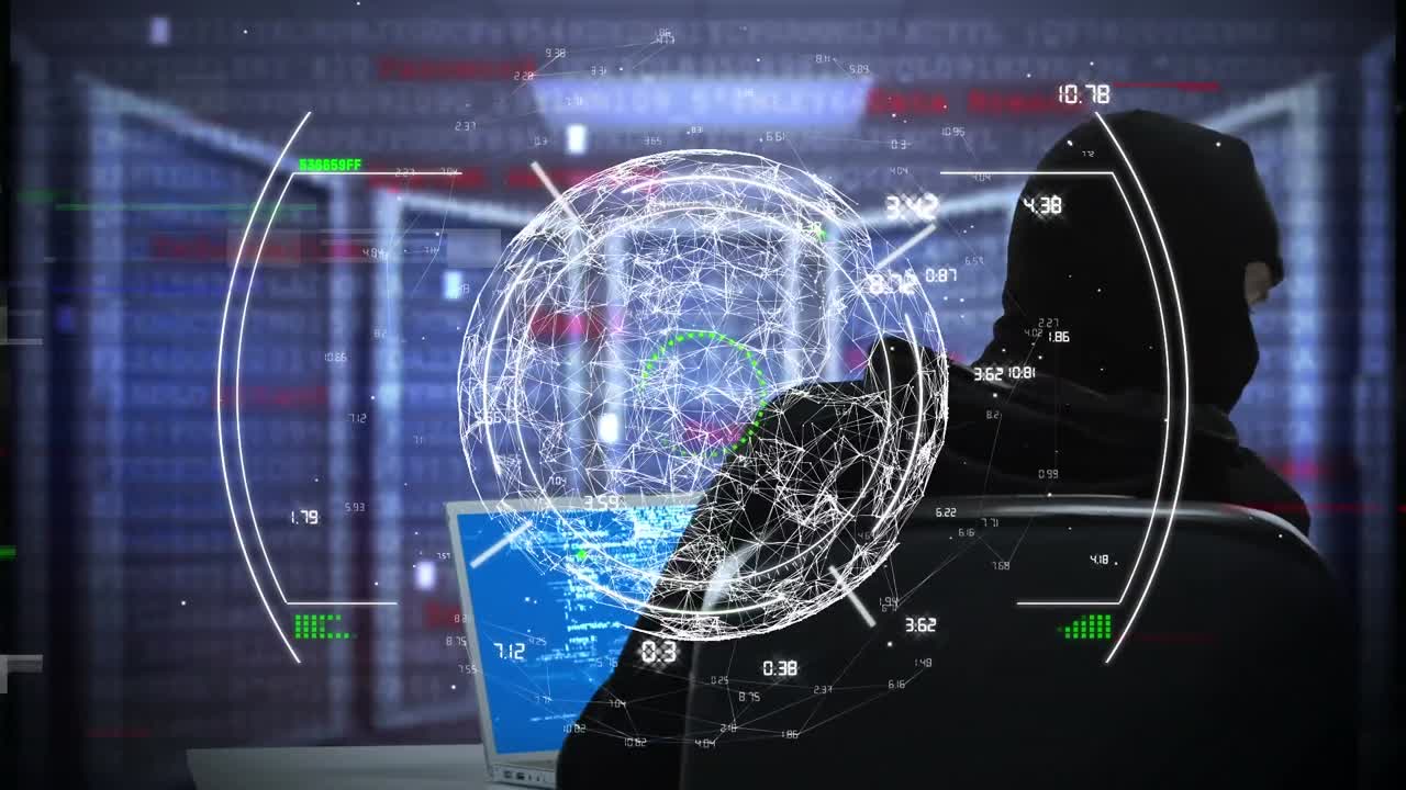 animación del globo y procesamiento de datos a través de una computadora hacker con computadora portátil