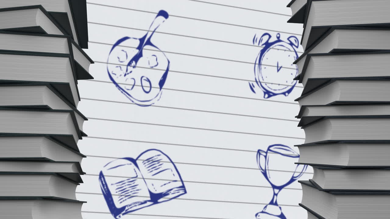 두 줄의 책 사이에 여러 개의 학교 개념 아이콘이 있습니다.