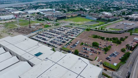 parking lot space along the convention center boulevard in new orleans, louisiana, united states. aerial drone shot