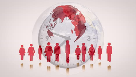 animation of people and planet earth over clock ticking on white background