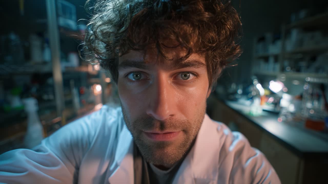 A focused scientist captures his intense expression in a laboratory, showcasing curiosity and determination in a moment of scientific exploration and discovery
