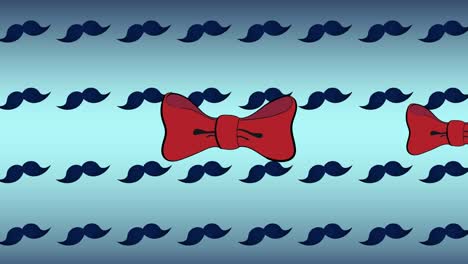 animation of red bowties over repeated moustaches on blue background