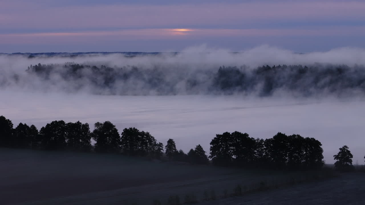 계곡 위 의 안개 가 가득 한 해가 뜨는 것