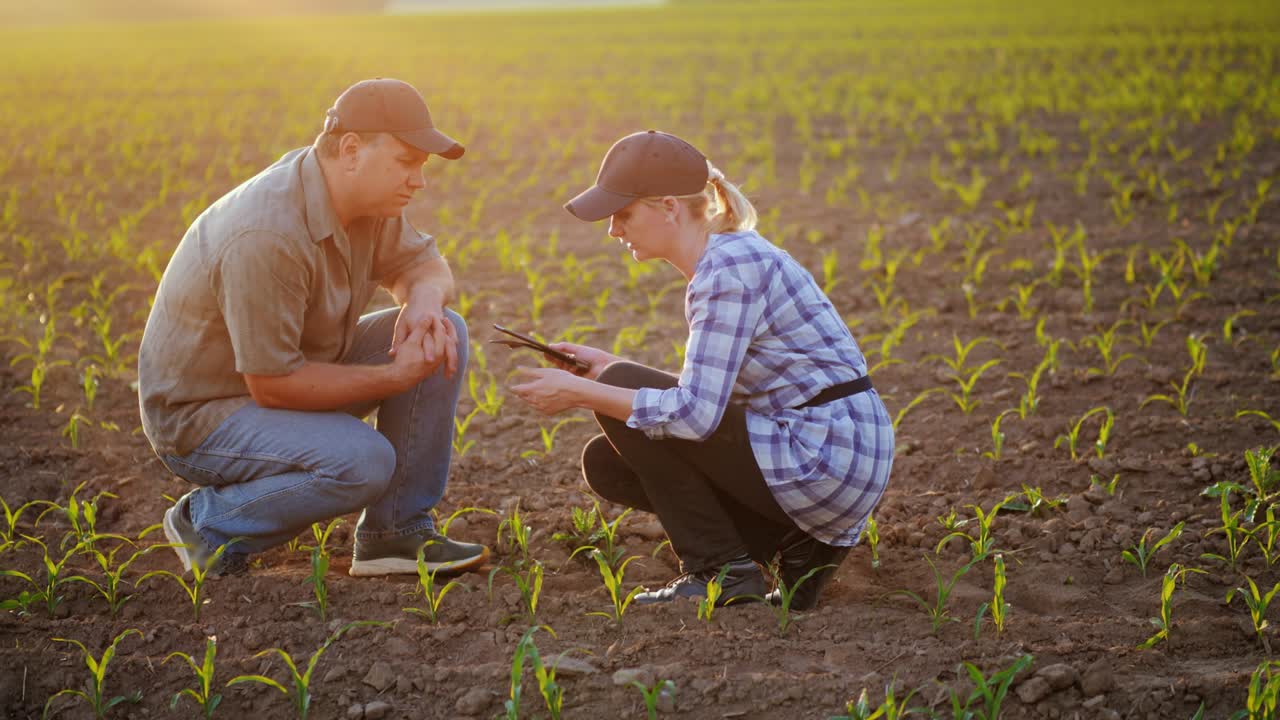 los agricultores trabajan en el campo, se sientan cerca de los brotes verdes de las plantas jóvenes. debate, el uso de la tableta. hermosa noche antes de la puesta del sol