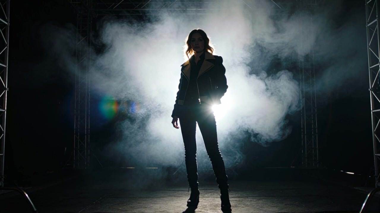 Faro che si accende, donna che cambia posizione, protendendosi verso la tasca della giacca sul palco, posando nel fumo.