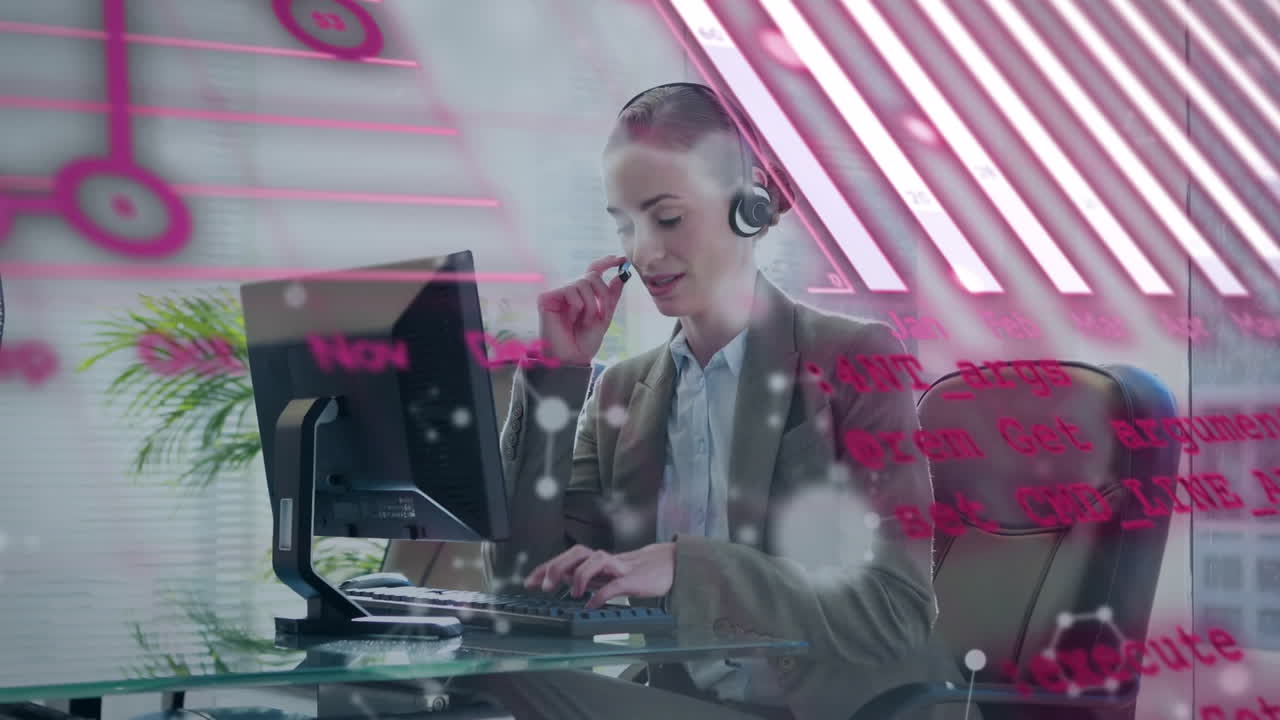 animación del procesamiento de datos sobre mujer de negocios caucásica en la oficina