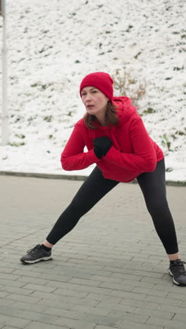 side view of woman performing outdoor workout in winter, stretching into side lunge on paved ground near snowy hill and urban landscape, wearing red hoodie and black leggings for warmth