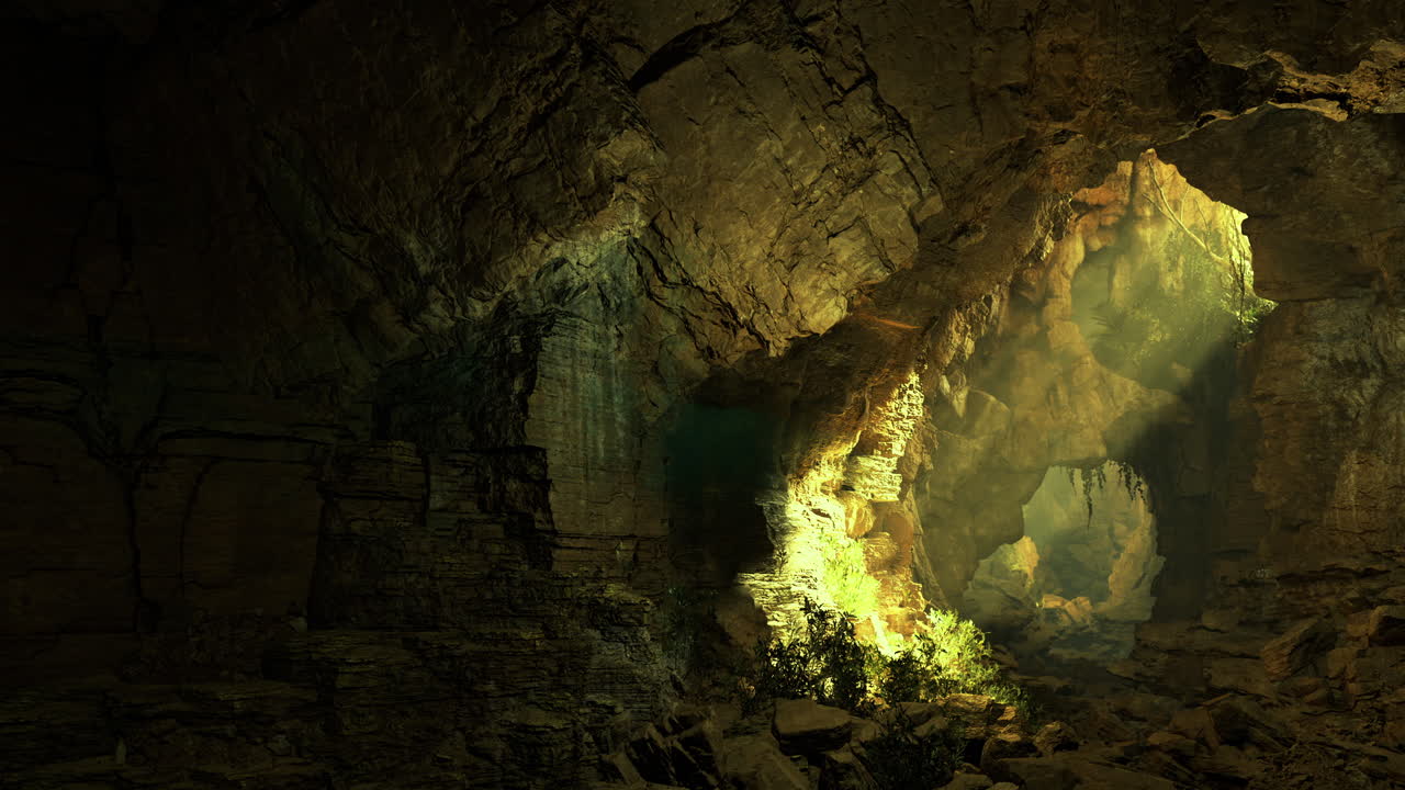 Exploring a majestic underground cave with natural light shining through