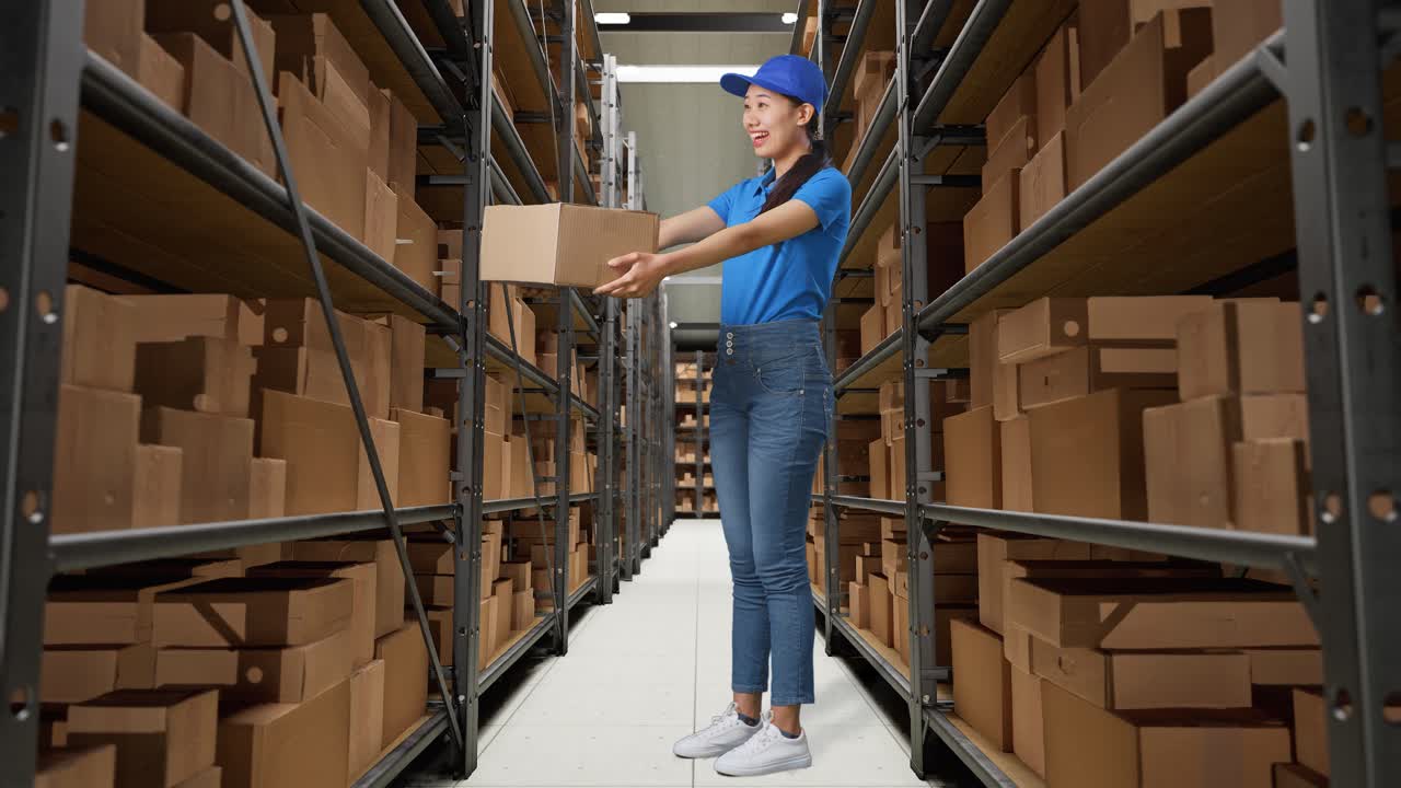 cuerpo lleno de mensajero femenino asiático en uniforme azul dando un cartón a alguien y sonriendo mientras lo entrega en el almacén