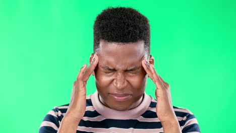 black man, headache and pain on green screen