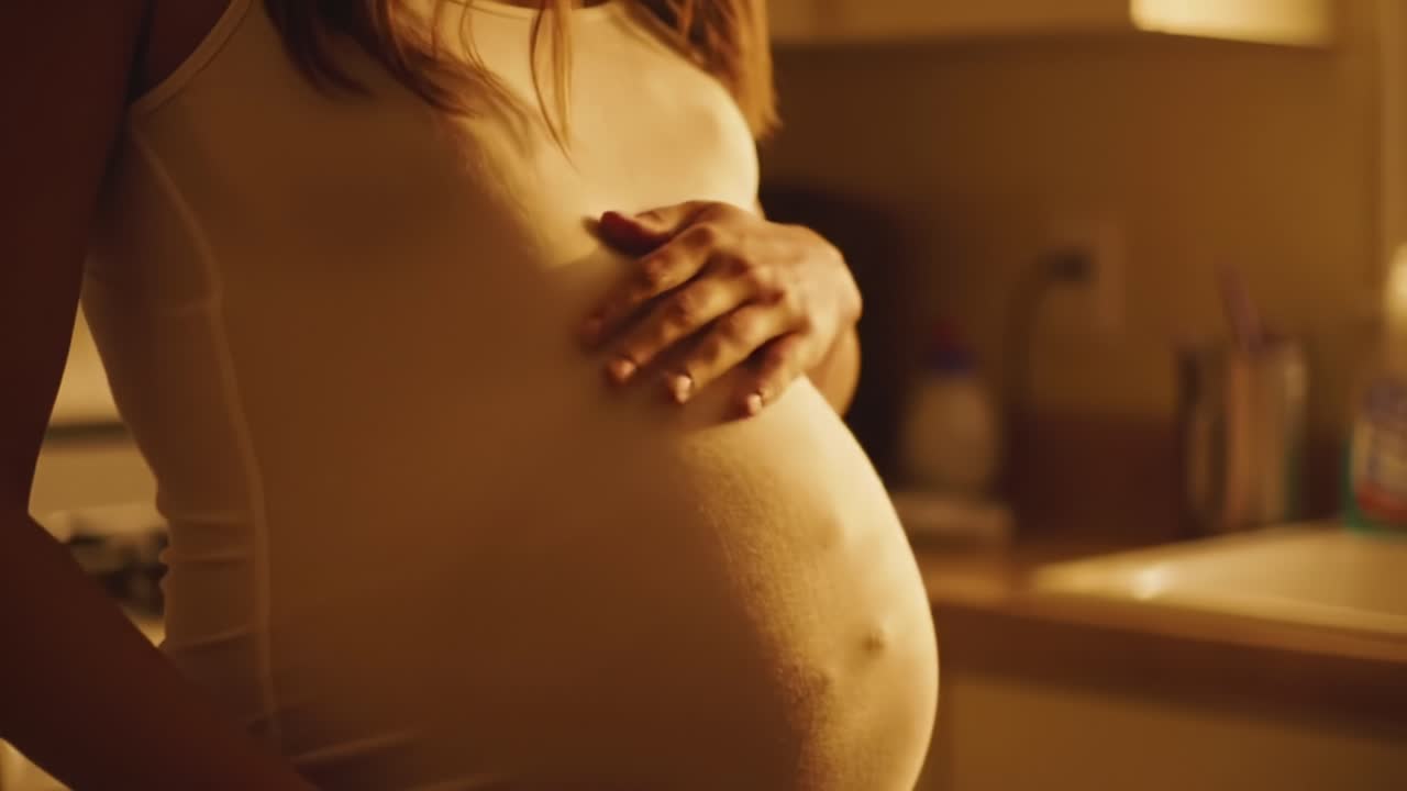 Candid Moments of Anticipation: A Close-Up of a Pregnant Individual in a Softly Lit Kitchen, Reflecting the Beauty and Emotion of Pregnancy