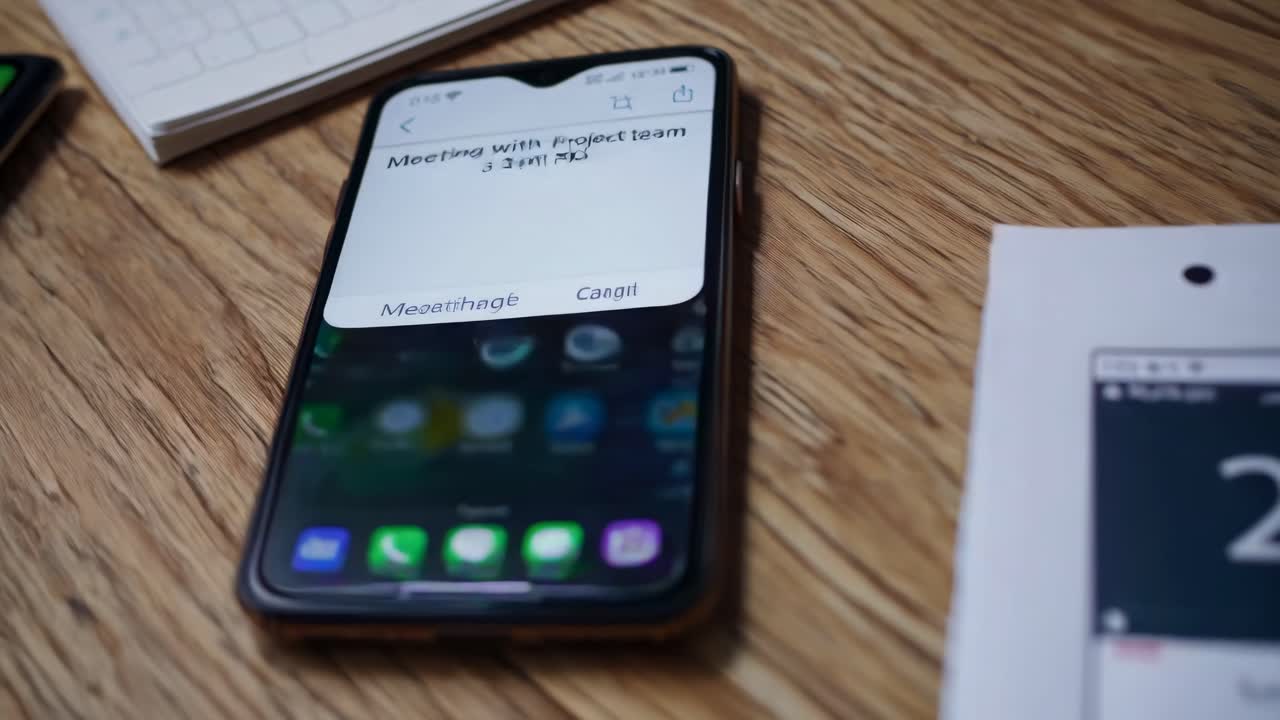 Close-up shot of a smartphone screen displaying a meeting reminder